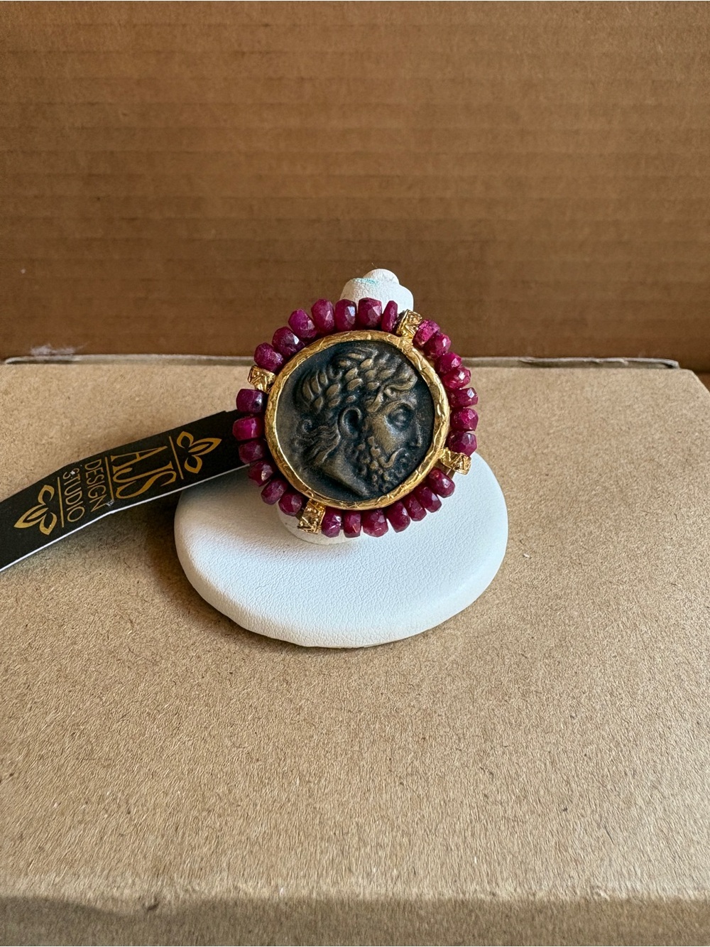 22k Gold-plate coin ring with ruby beads